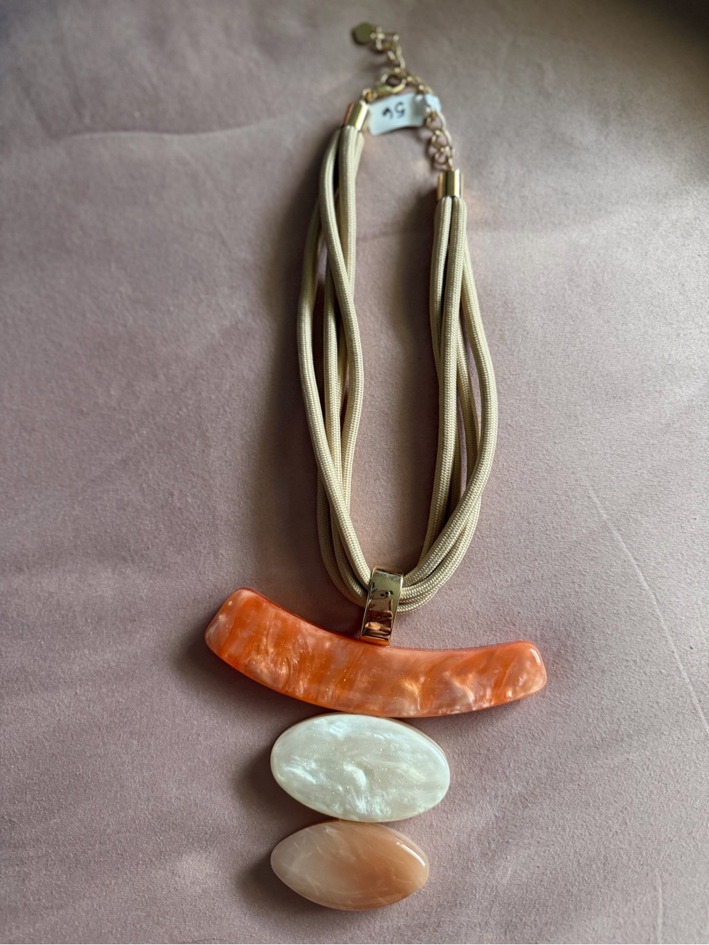 Beige Cord Necklace with Orange and Cream Shell Pendants by